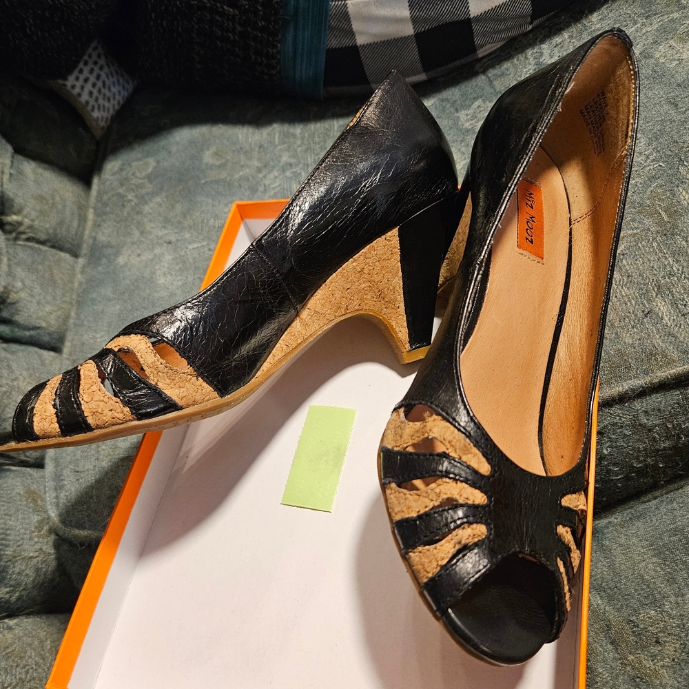 Miz Mooz Wave Heels, Black Leather Tan Cork Peep Toe, Sz7 With Original Box